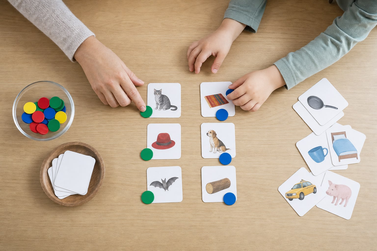 Adult and child hands using picture cards and counters for a sound activity