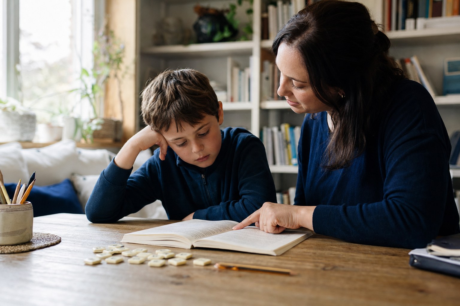 Tutor supporting a young learner as they read together
