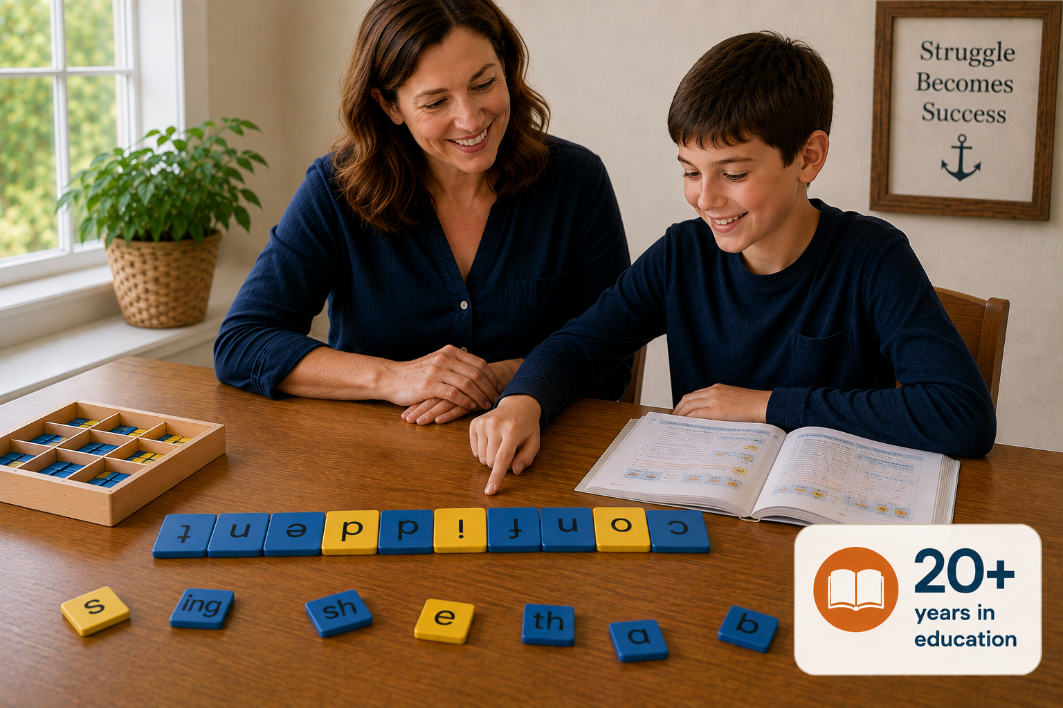 Tutor and learner working with blue consonant and yellow vowel tiles