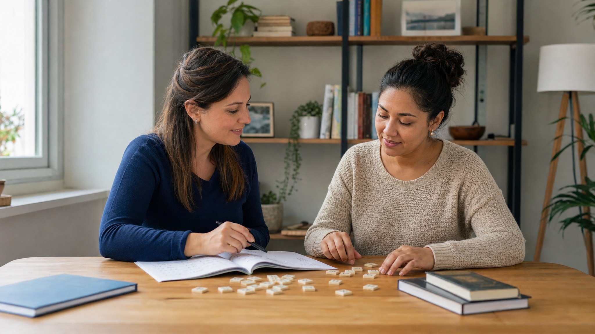 Adult learner working with a tutor on reading and spelling skills