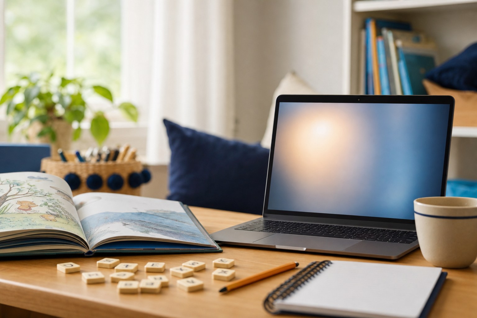 Book, letter tiles, and laptop prepared for an online reading lesson