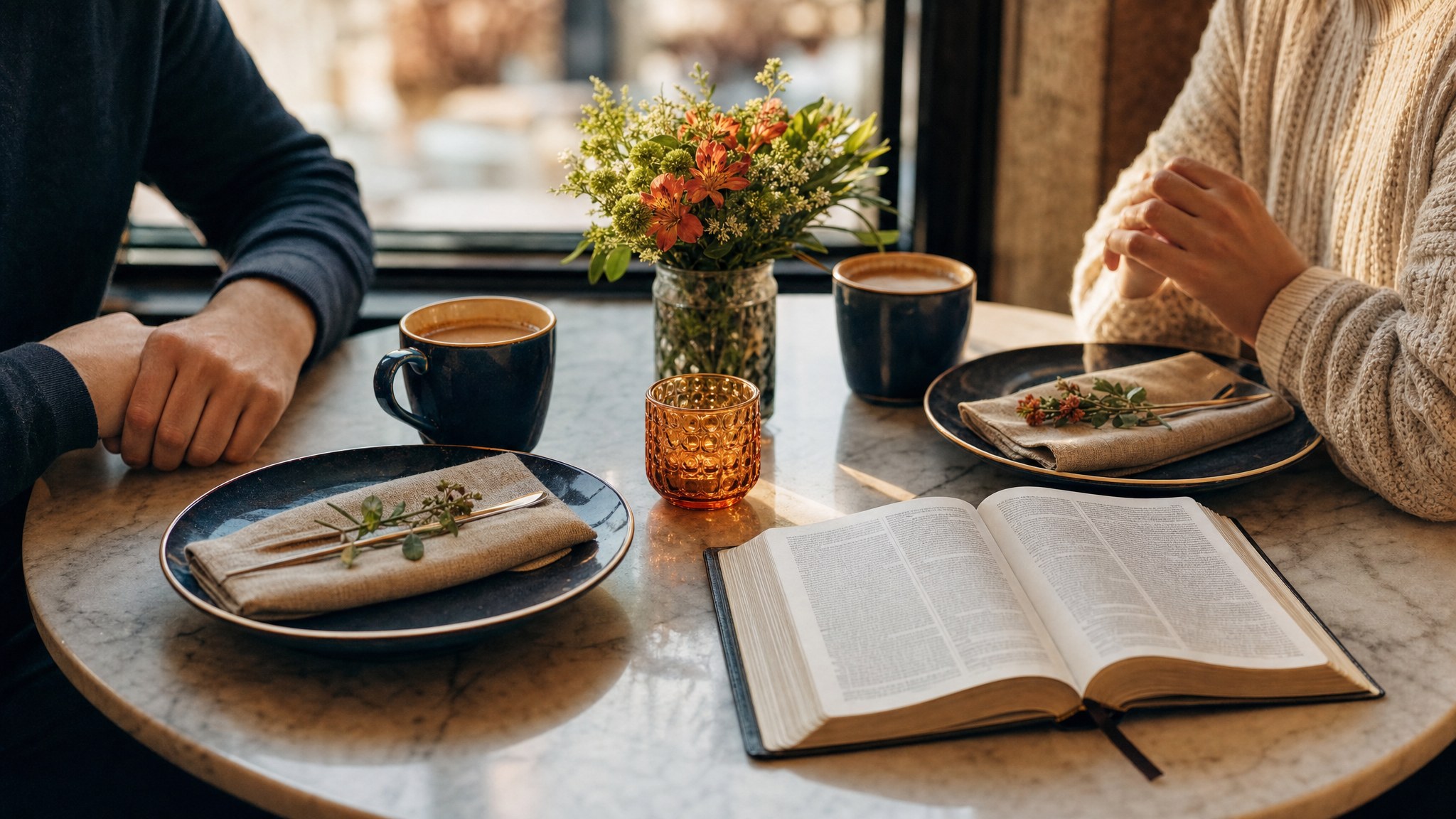 A thoughtful cafe table set for two with coffee, flowers, and an open Bible