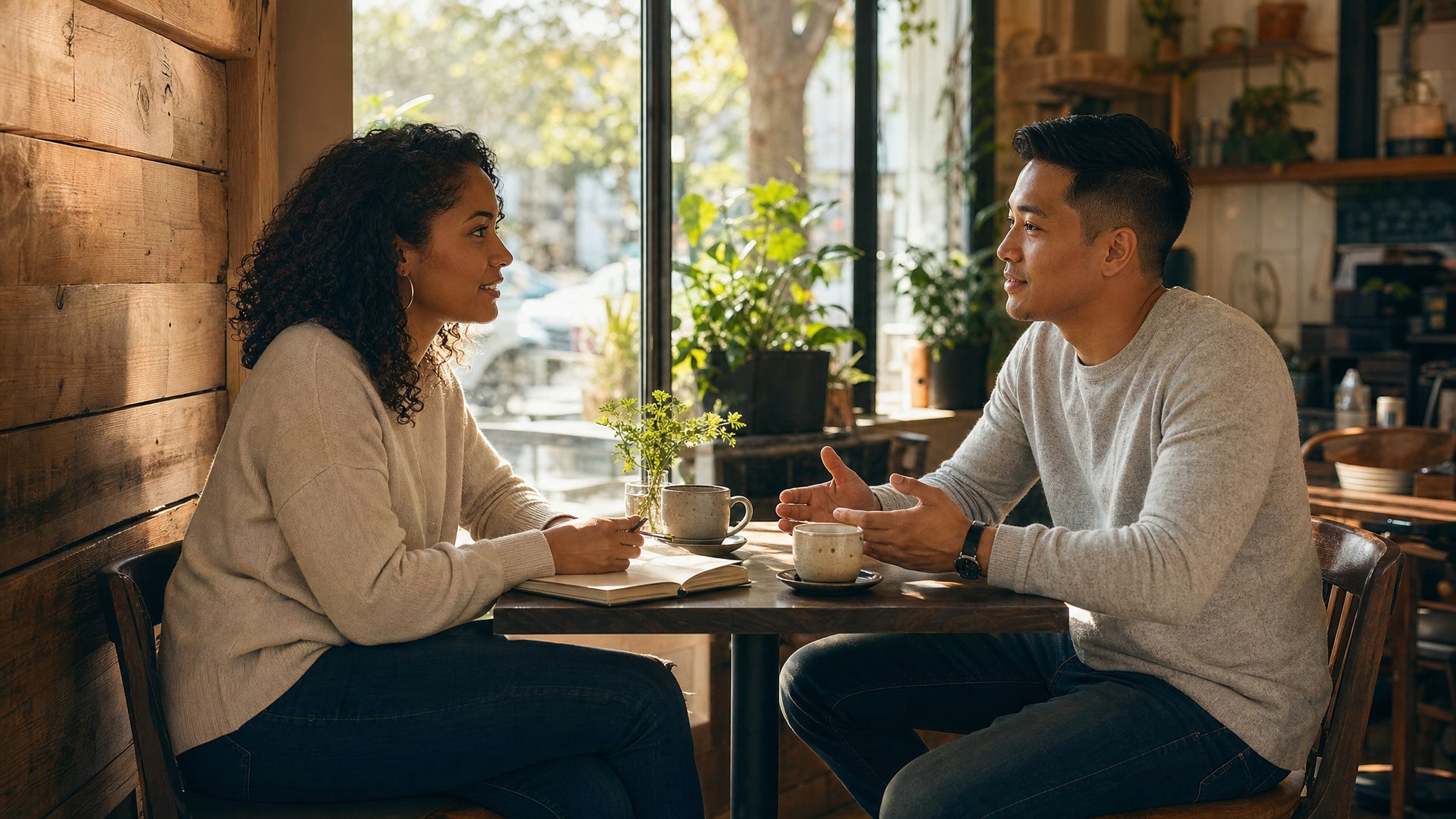 Two adults having a thoughtful, respectful conversation over coffee in a sunlit cafe