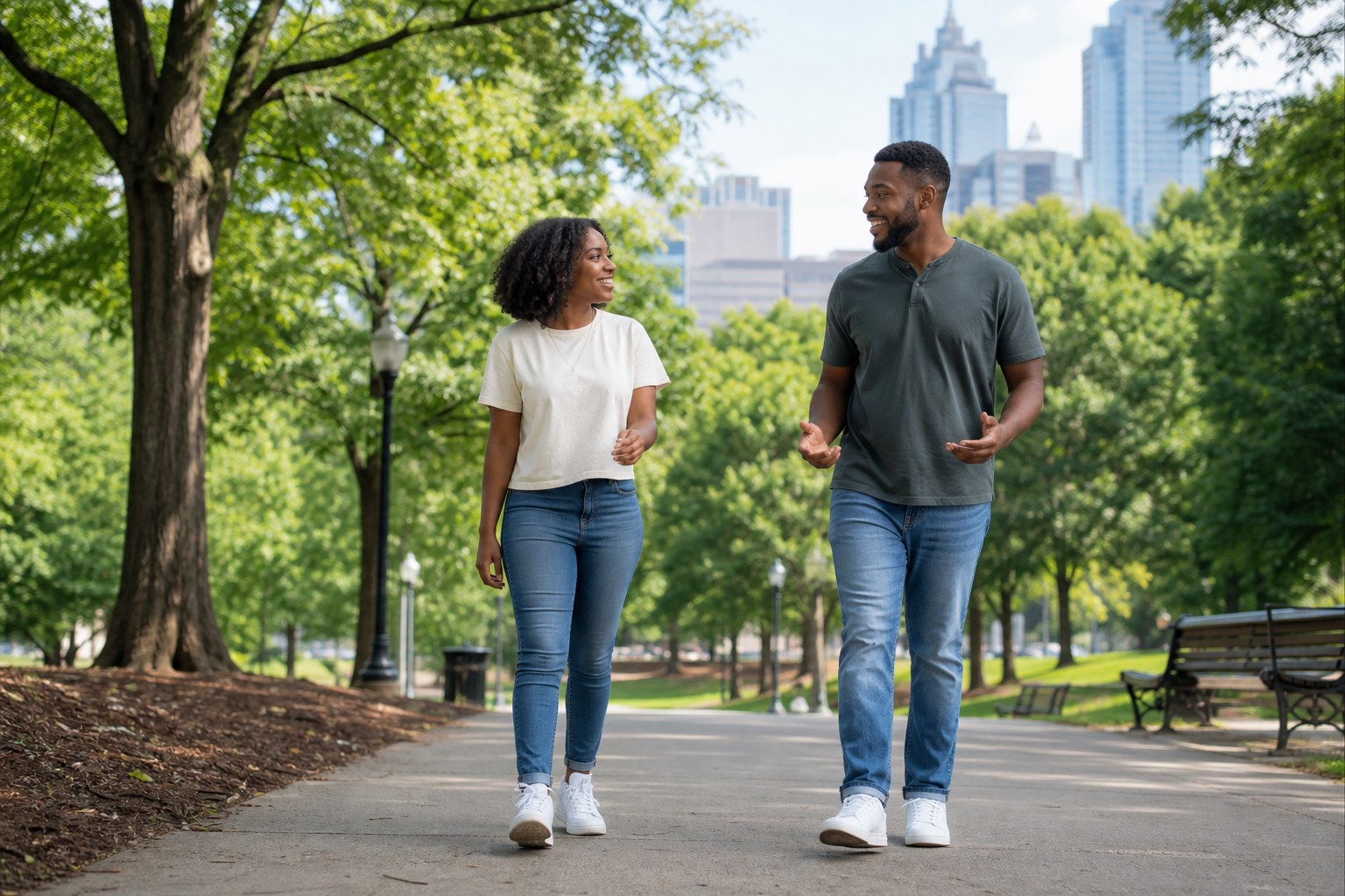 Two adults having a relaxed conversation while walking through an Atlanta park