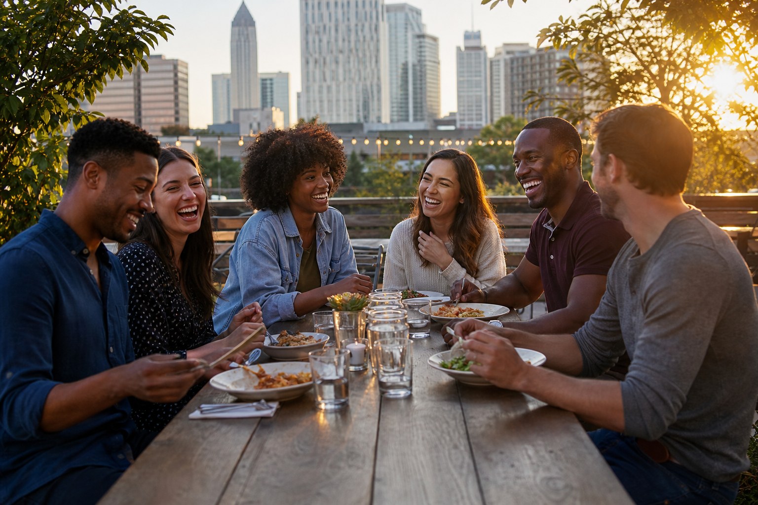 A diverse group of adult friends sharing a joyful outdoor meal in Atlanta