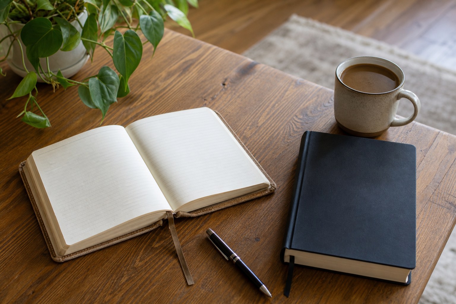 An open journal, an unmarked Bible, a pen, and coffee on a wooden table