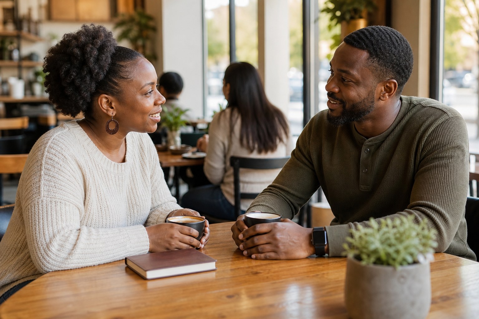 Two adults sharing a warm, thoughtful conversation over coffee at a cafe