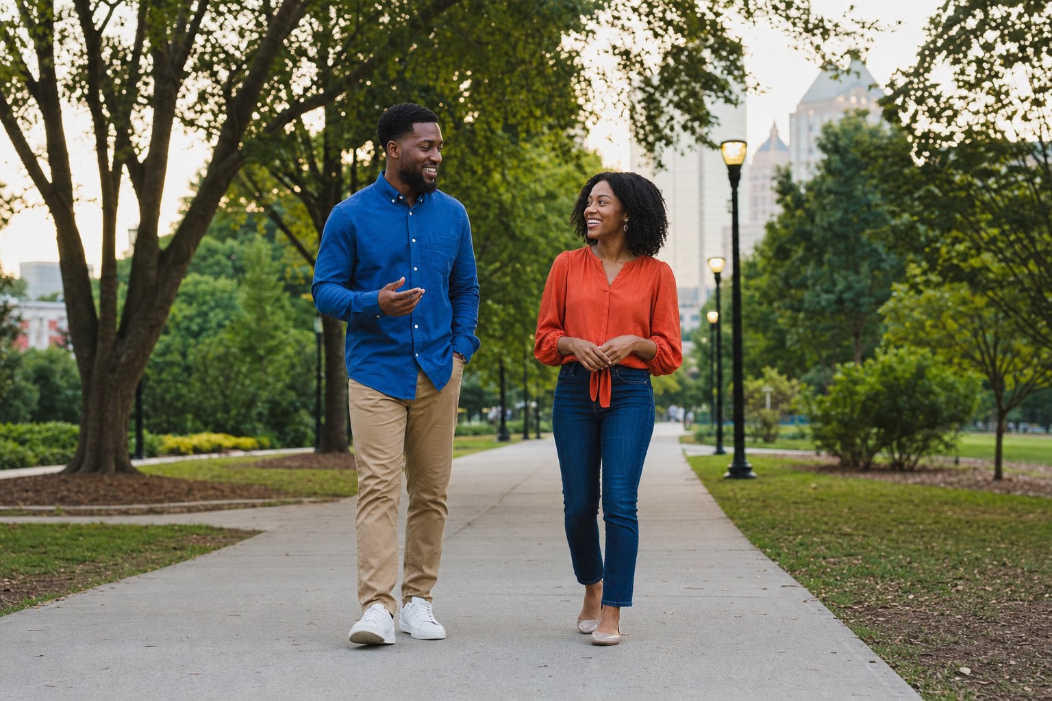 Two Christian singles having a relaxed conversation while walking through an Atlanta park