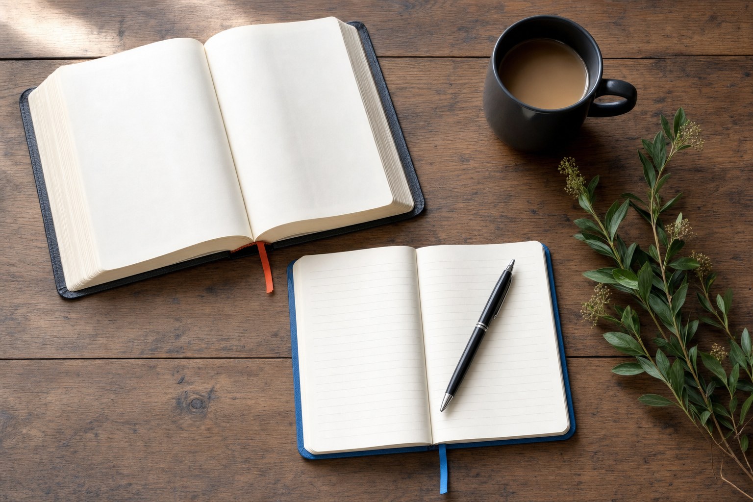 An open Bible, journal, coffee, and greenery arranged for a quiet moment of reflection
