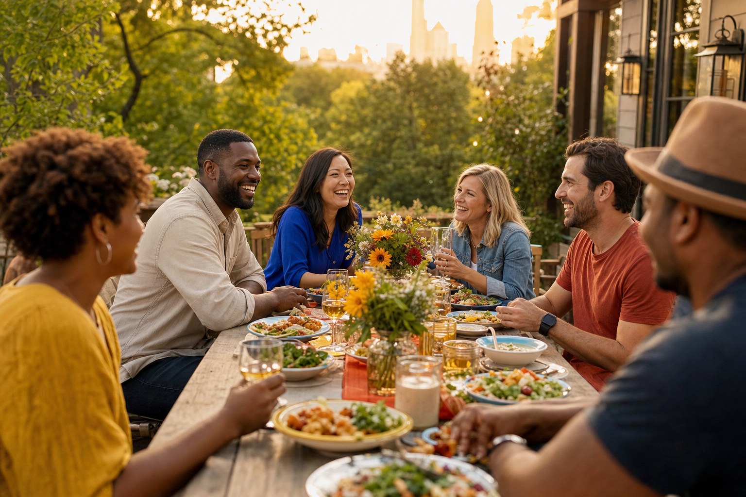 A diverse group of adult friends sharing a joyful outdoor meal in Atlanta