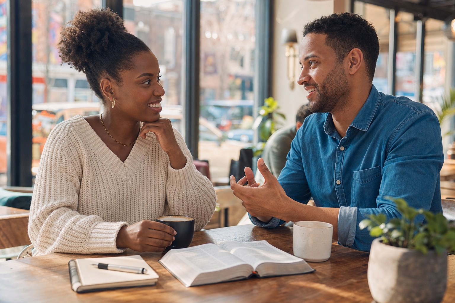 Two Christian singles sharing a thoughtful conversation over coffee with an open Bible nearby