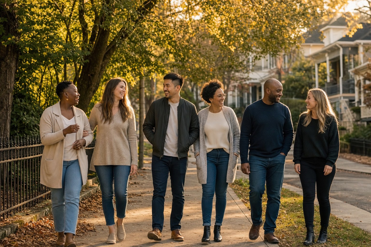 A diverse group of friends walking and talking together through an Atlanta neighbourhood in early autumn