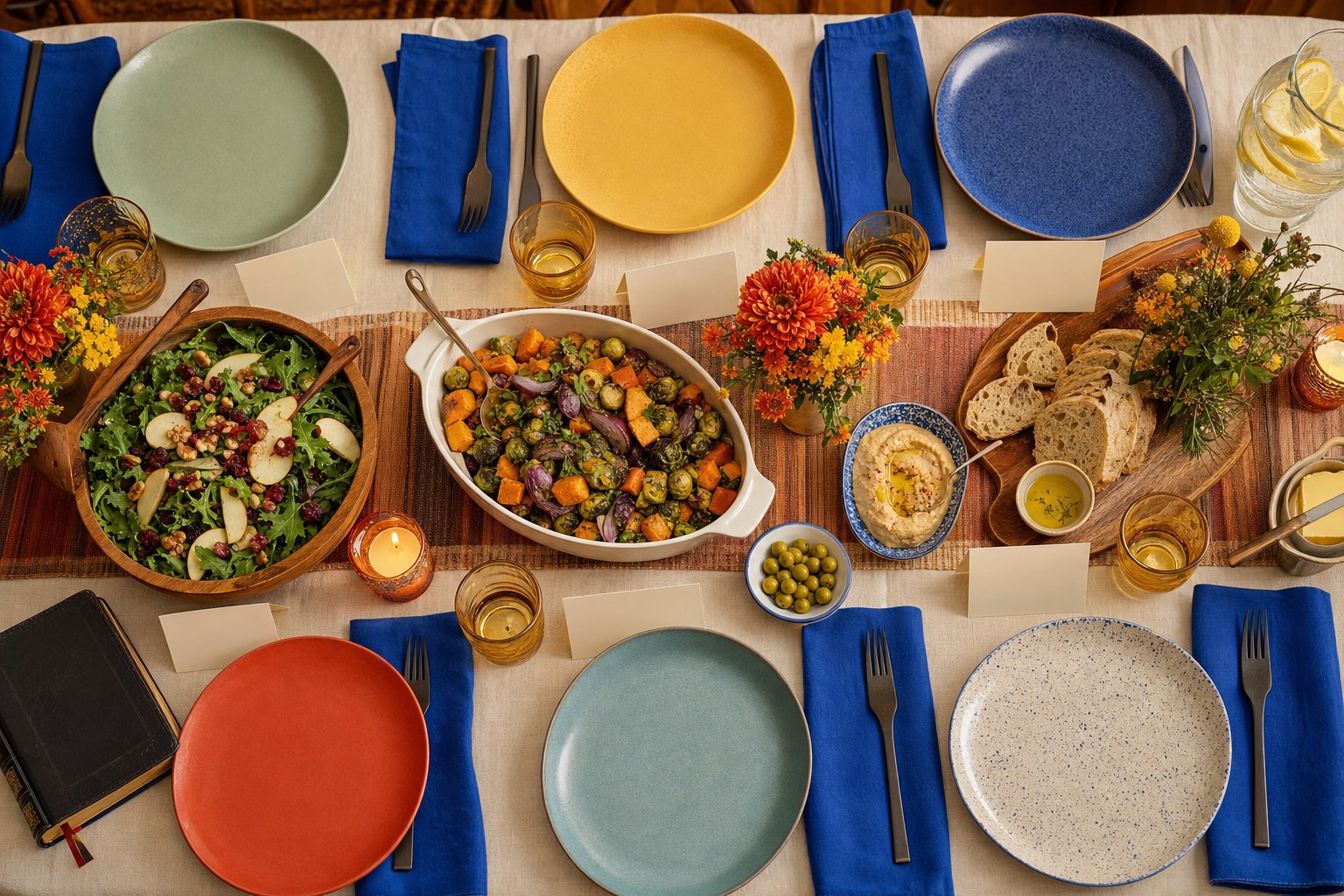 A welcoming shared dinner table set with colorful plates, food, flowers, and an open Bible