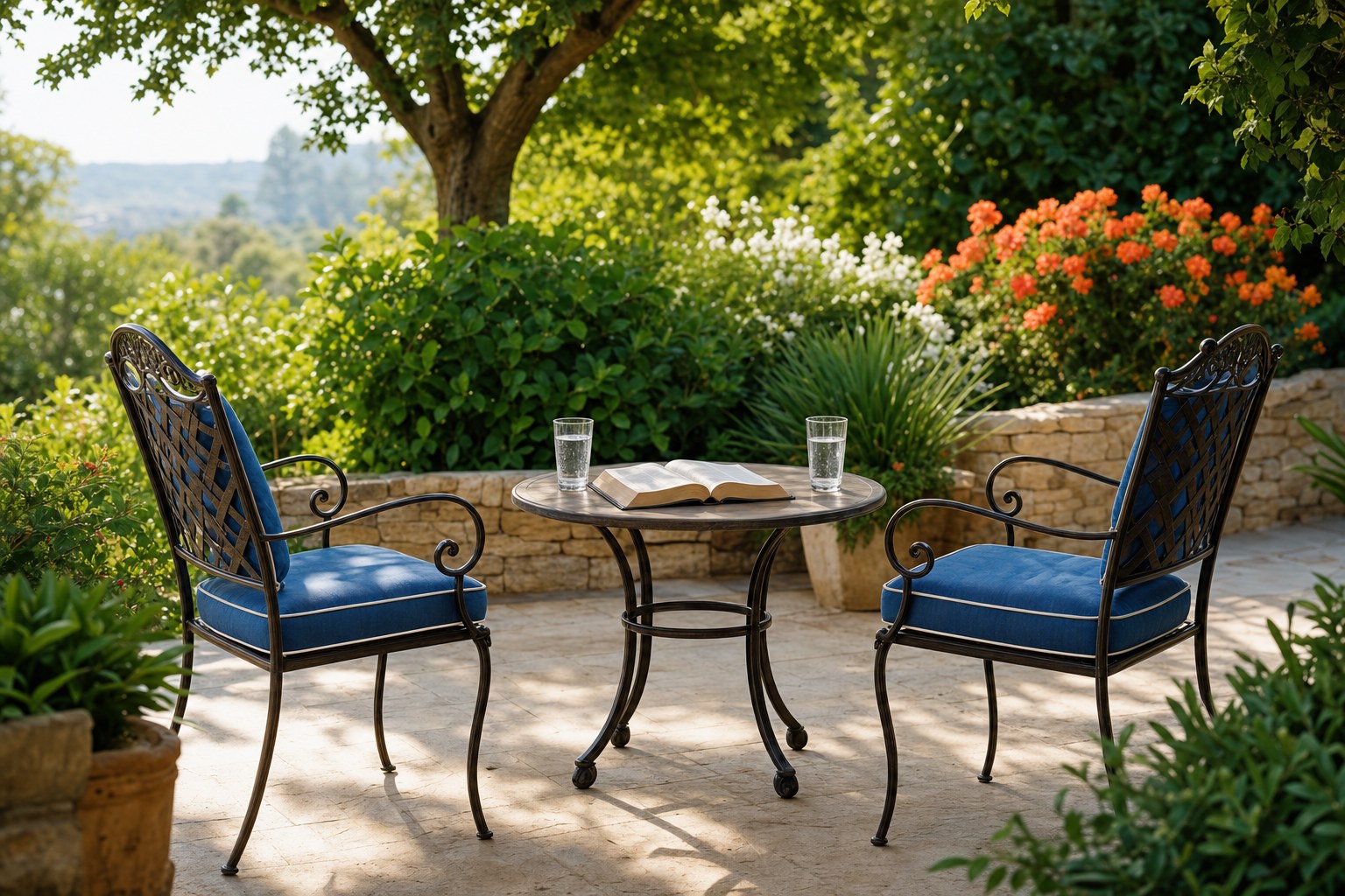 Two blue chairs facing one another beside an open Bible on a sunny garden patio