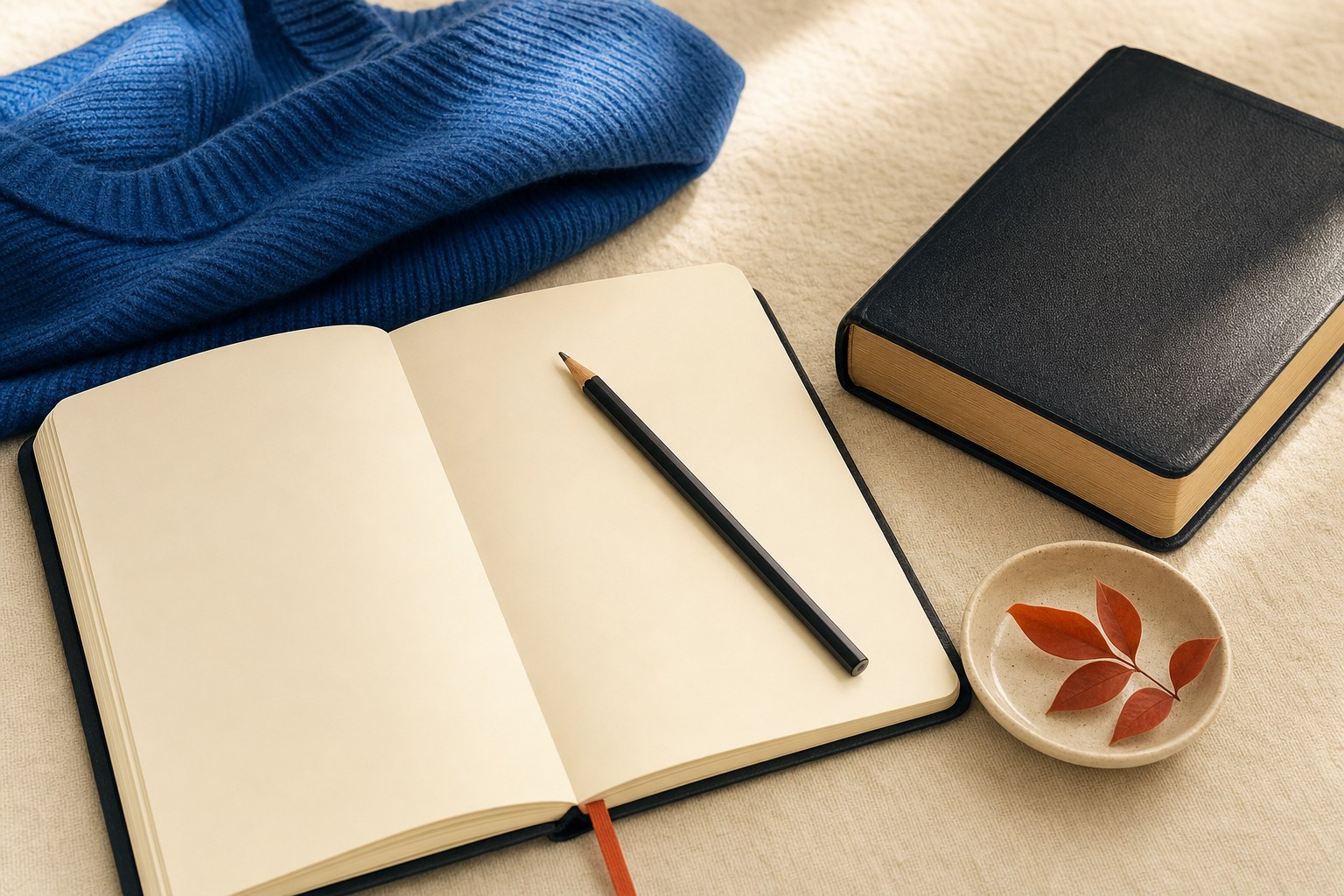 A blank journal, pencil, closed Bible, and blue sweater arranged for quiet reflection
