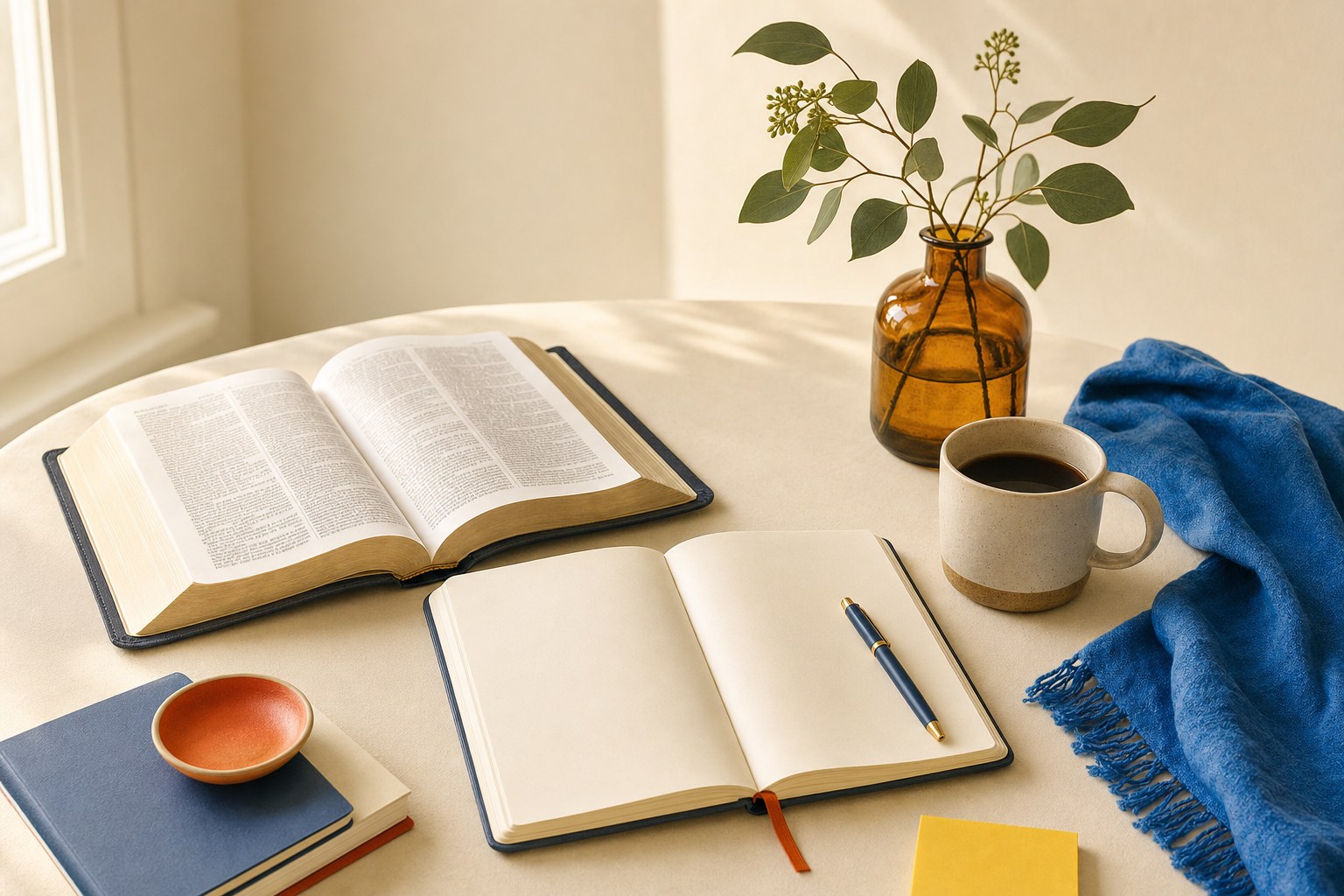 An open Bible, journal, coffee, and greenery arranged for a quiet moment of reflection