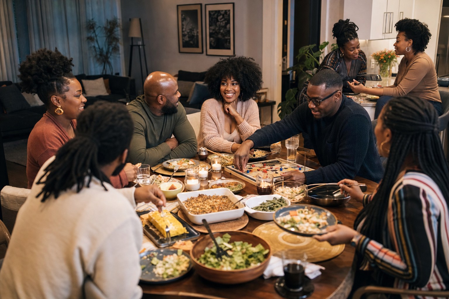 Friends sharing food, conversation, and a board game at a relaxed dinner gathering