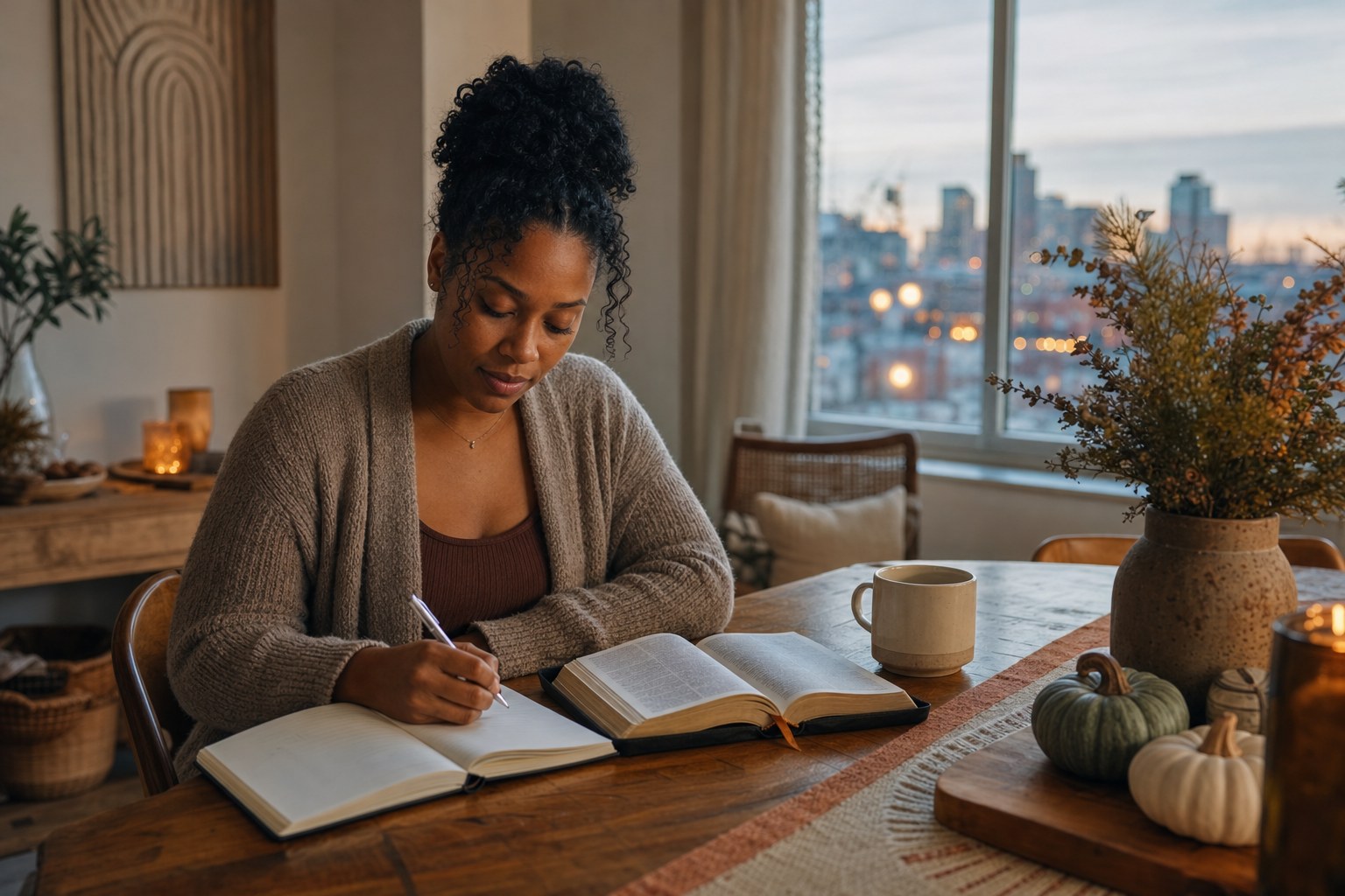 A woman writing in a journal beside an open Bible and coffee during a quiet autumn evening