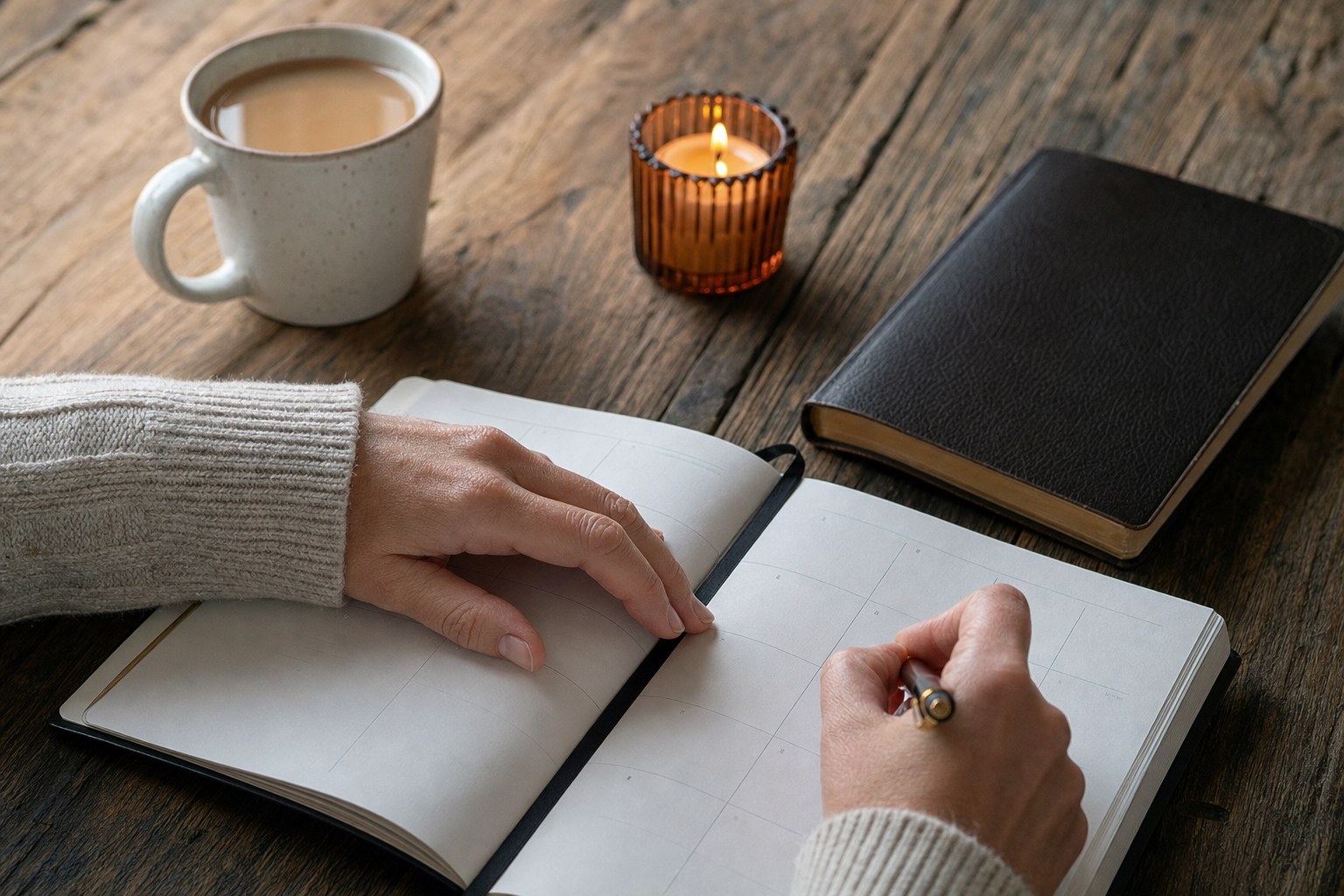 Hands making a gentle plan in a paper calendar beside coffee, a candle, and a Bible