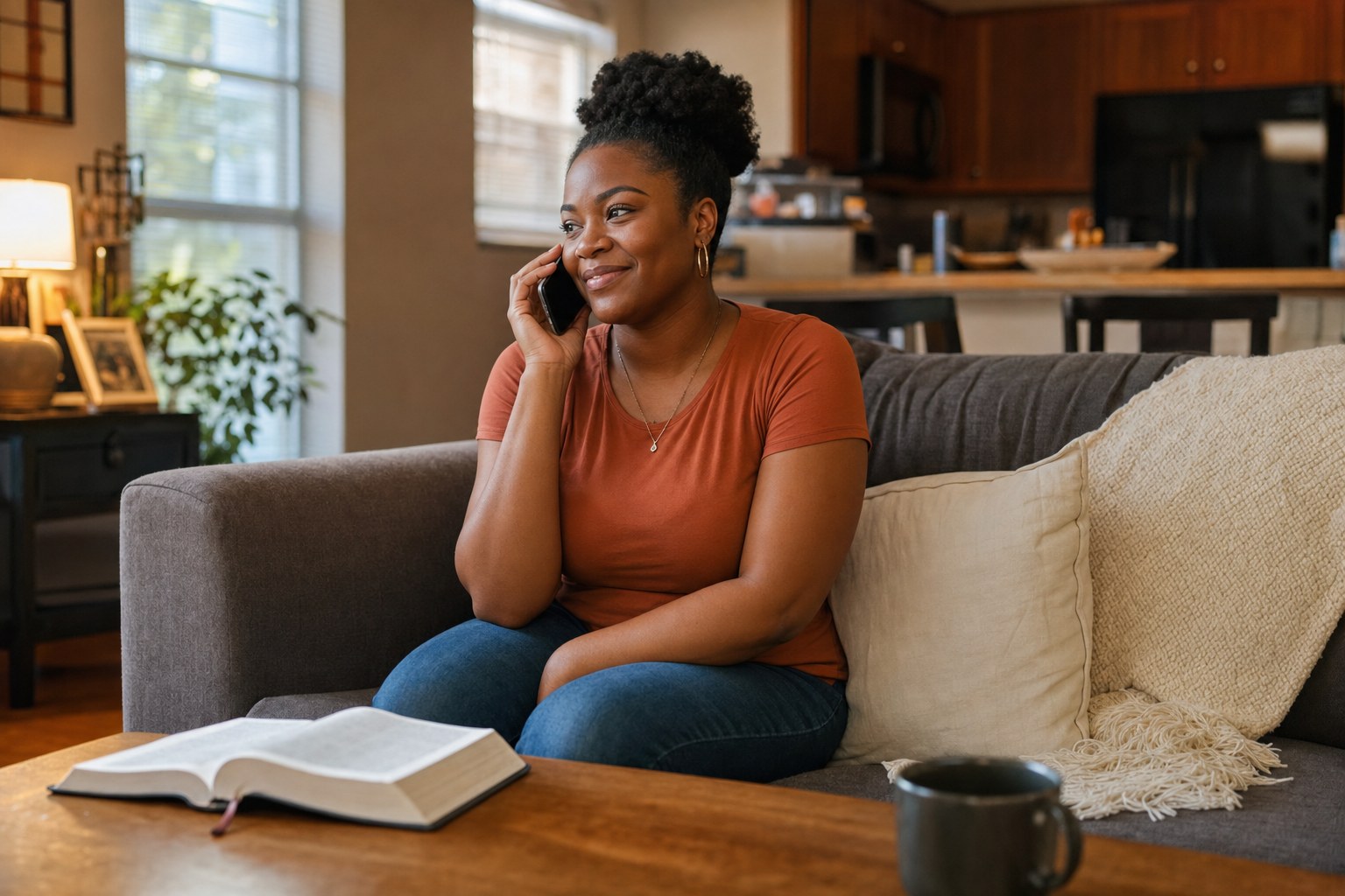 A woman making a warm phone call from her living room with an open Bible nearby