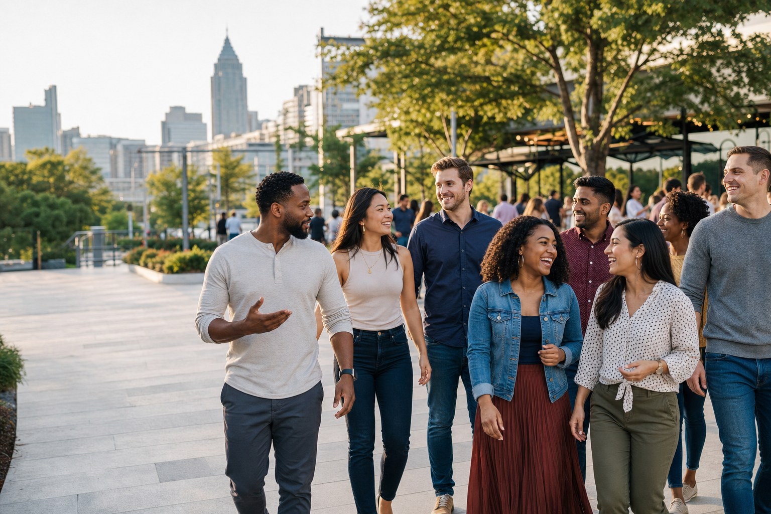 A diverse group of friends laughing and walking together at a REAL conNEXTs gathering