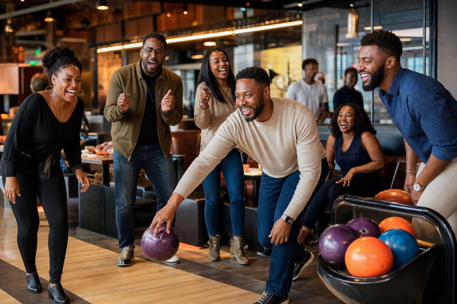 Friends enjoying a lively bowling social