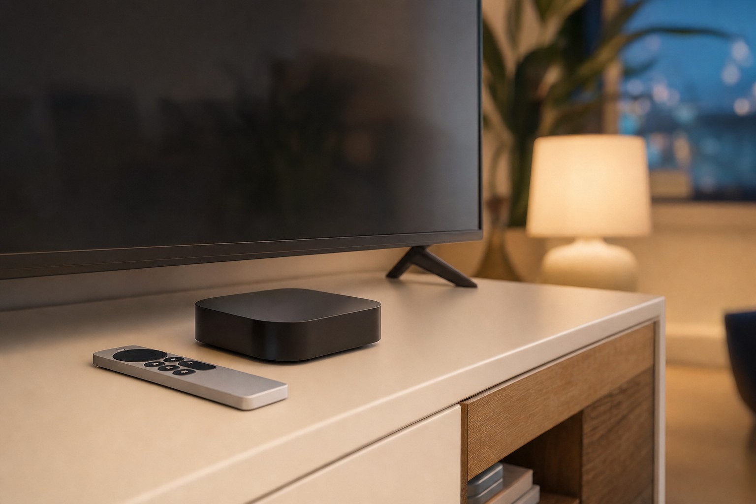 A compact streaming box and remote beneath a television