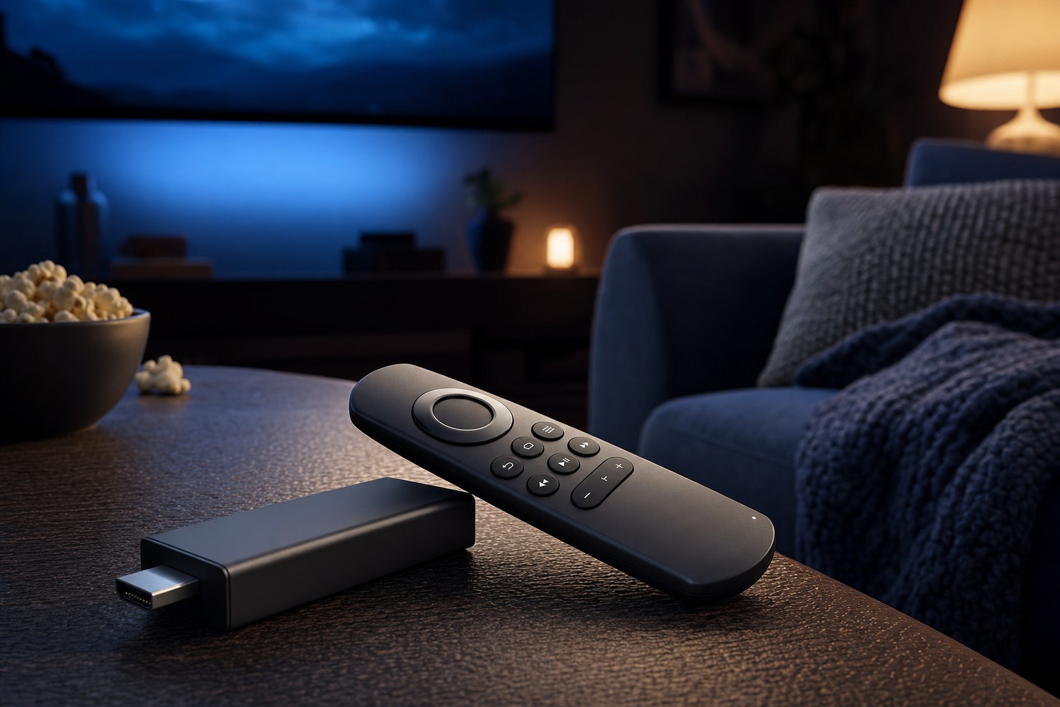 A streaming stick and remote ready for movie night