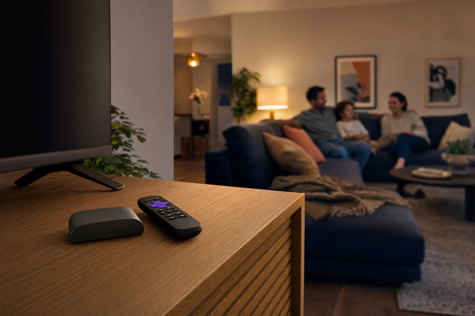 A streaming player and remote on a living room media console