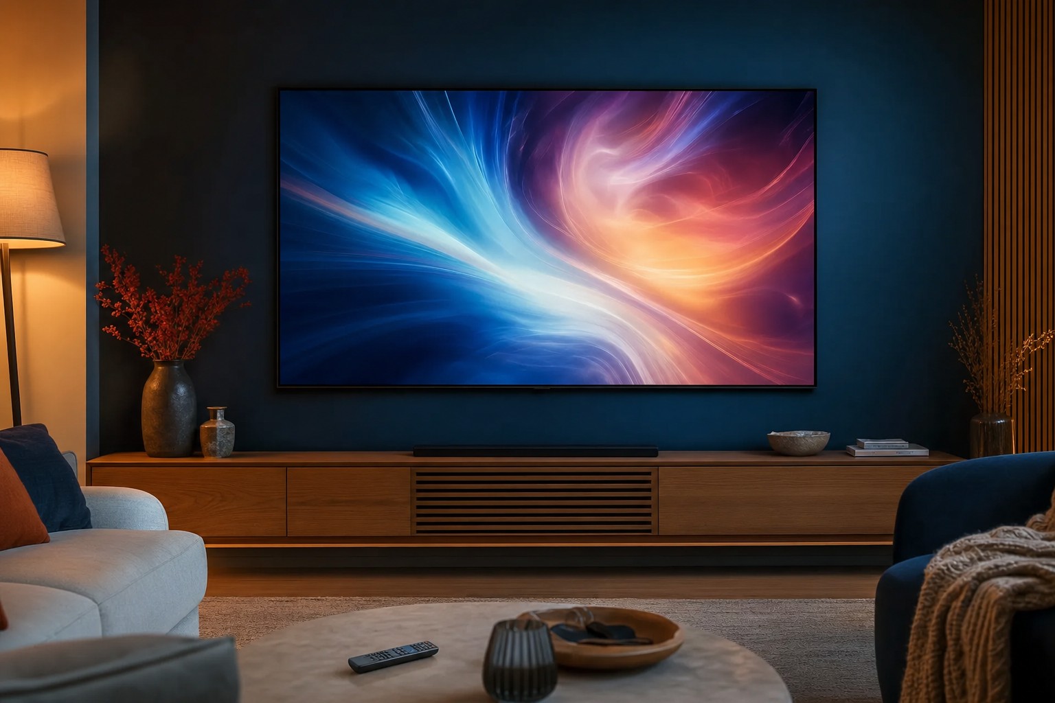A smart television in a warmly lit home cinema room