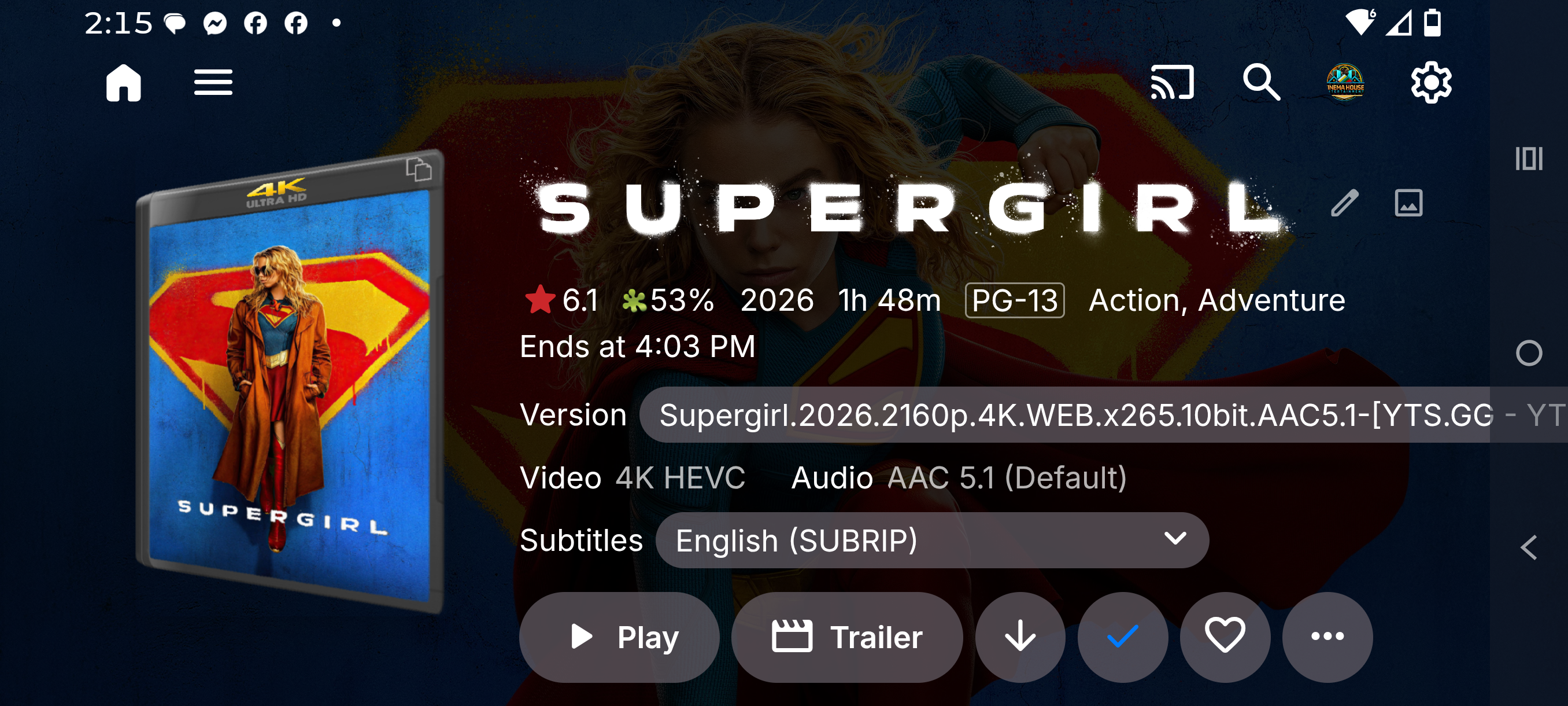 Movie details and playback options in the My Cinema House app