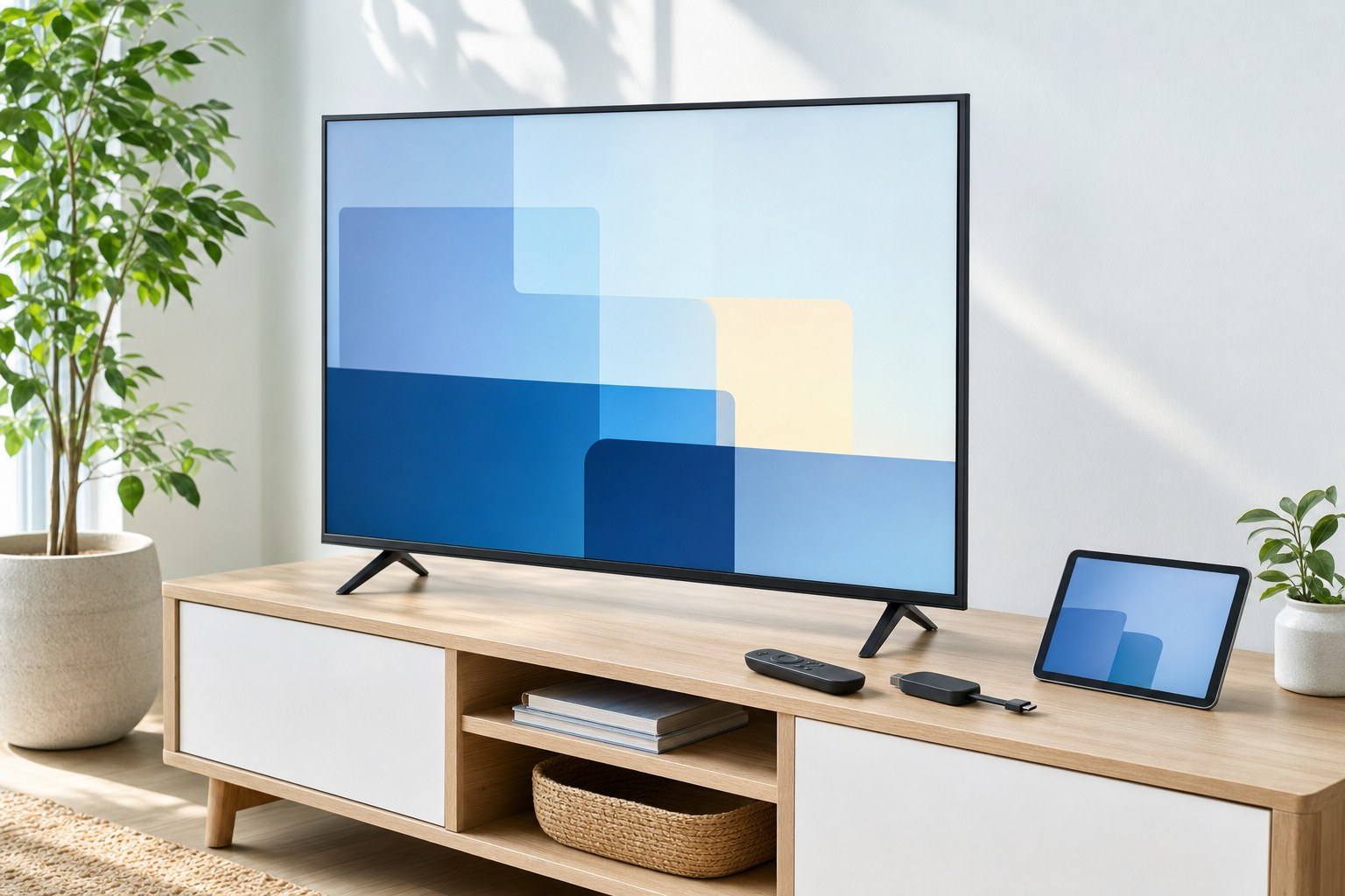 A television, tablet and streaming device on a bright media console