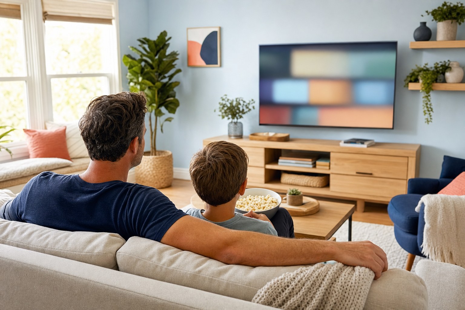 A parent and child relaxing together in a bright living room