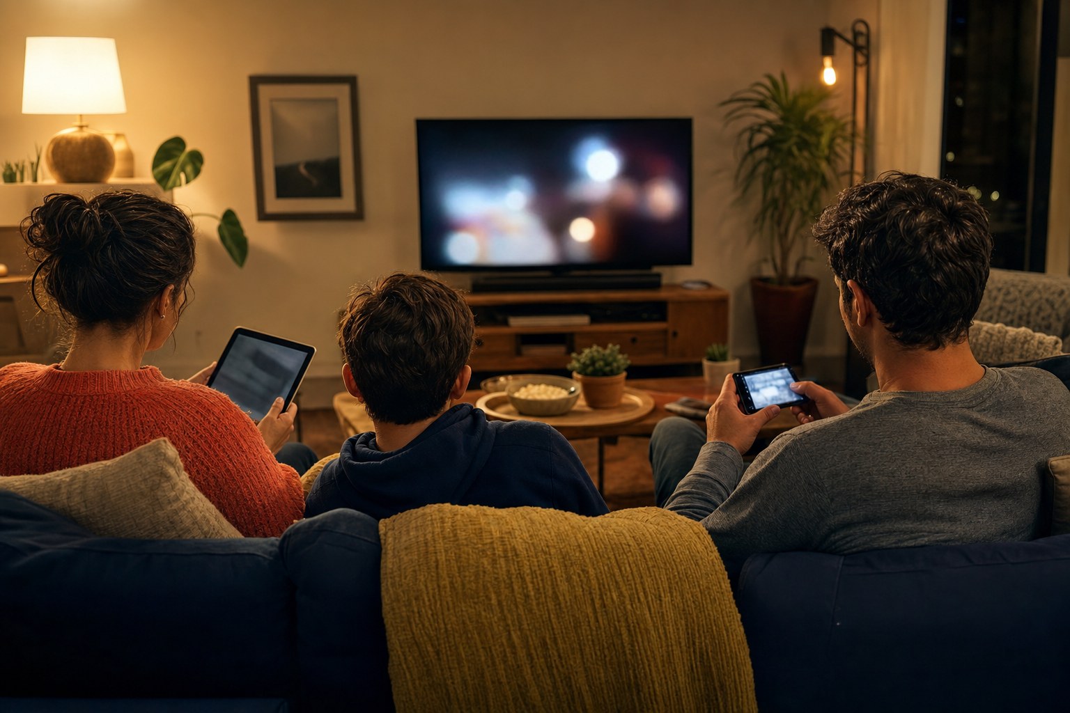 A family enjoying different screens together at home