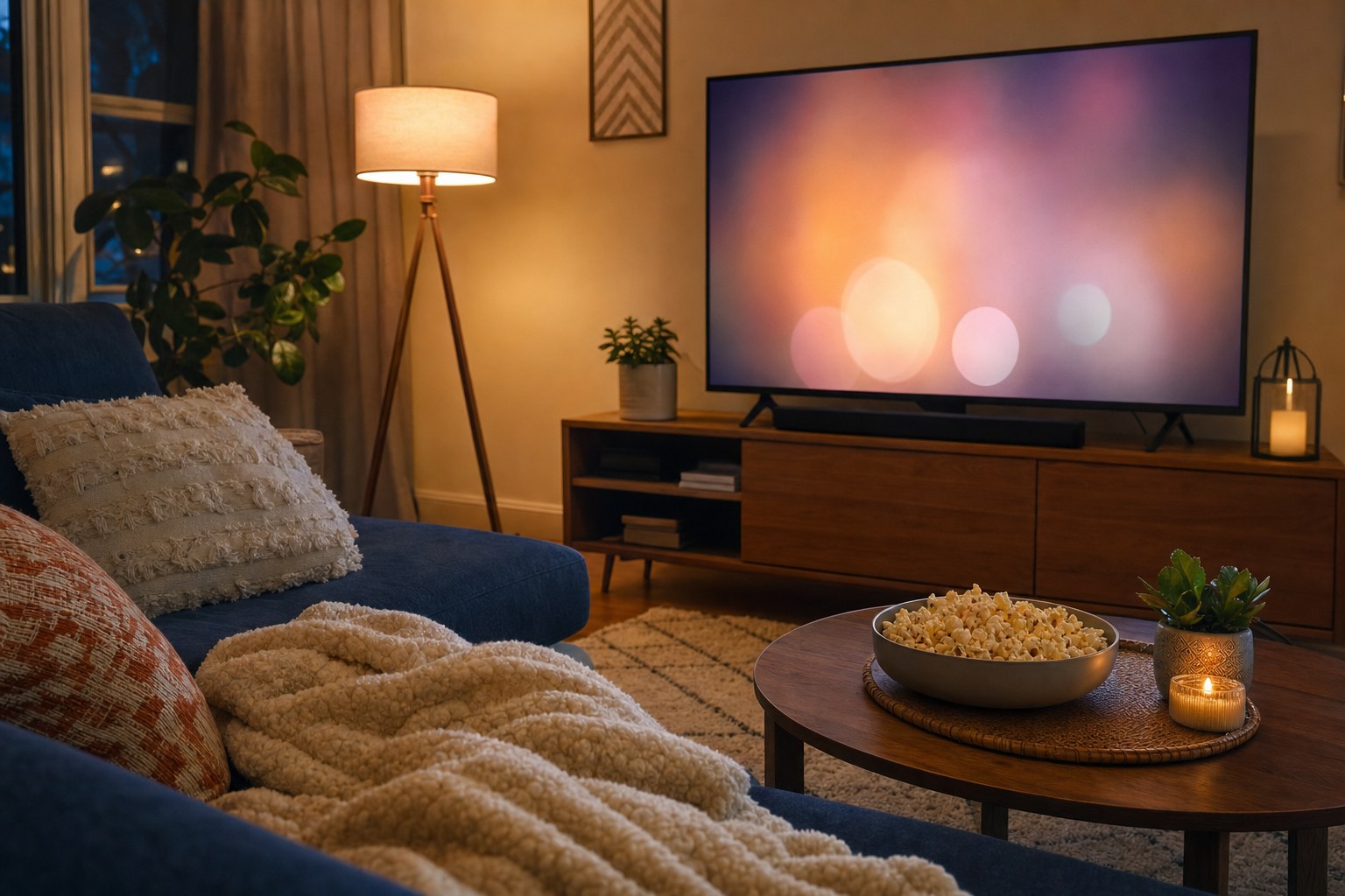 A cozy living room set for an easy movie night
