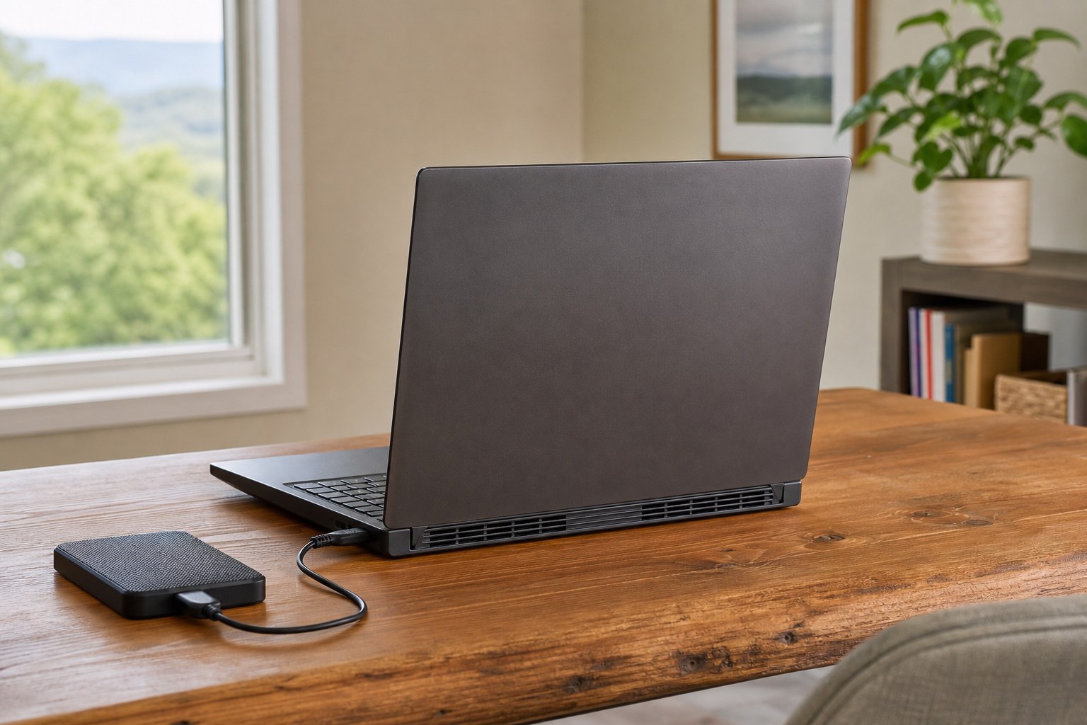 Laptop on a hard desk with clear ventilation and an external backup drive ready for important files