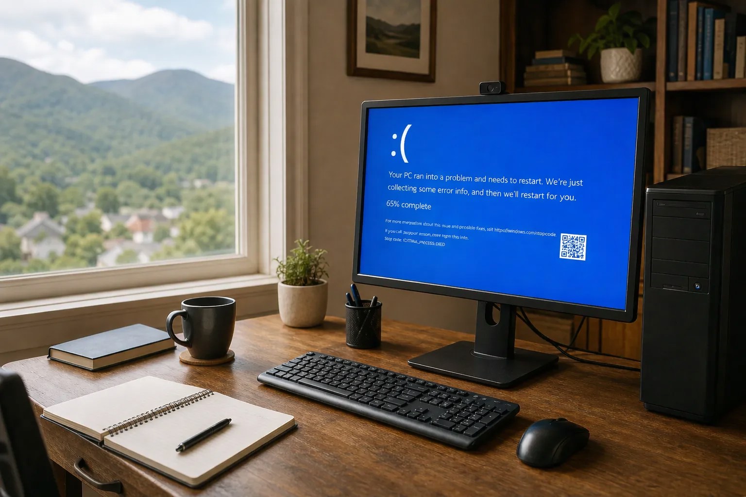 Desktop computer showing a plain blue screen beside a notebook in a Mountain City home office
