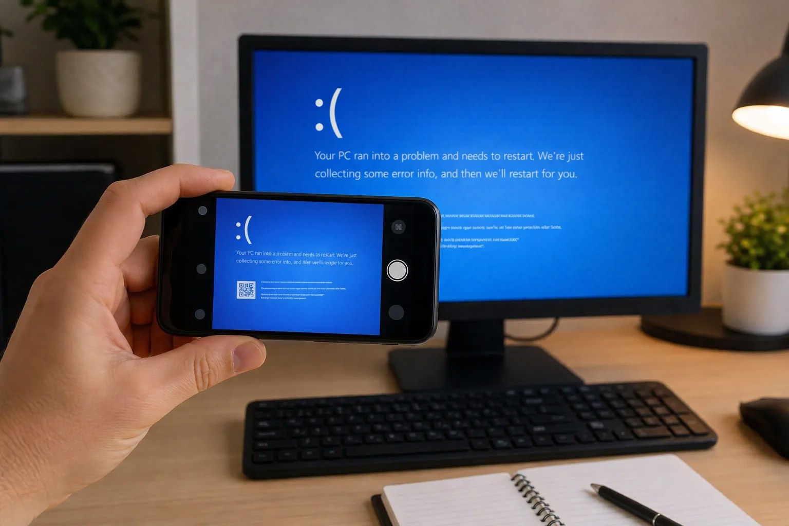 Computer owner photographing a plain blue screen to keep a record of a crash