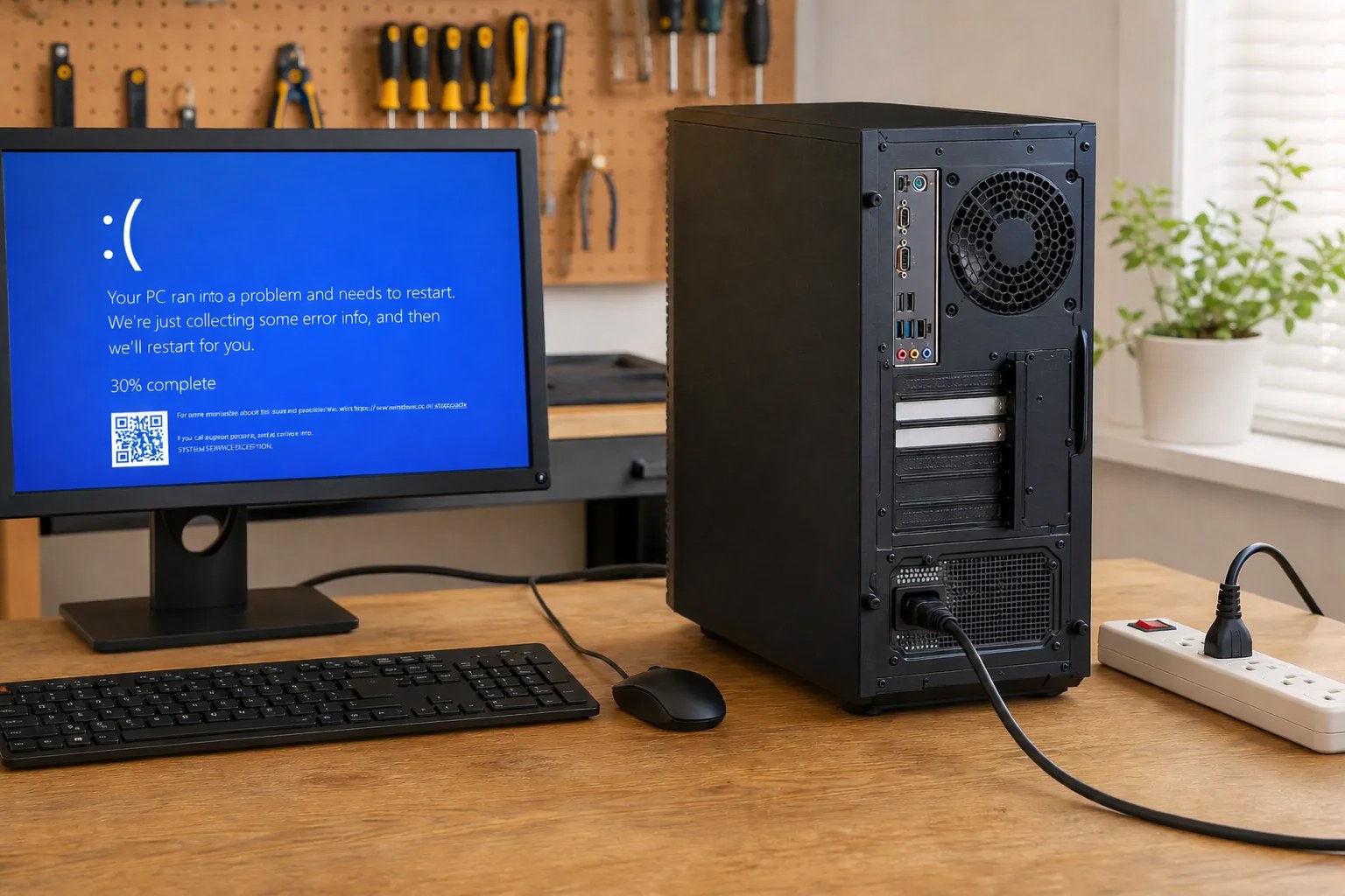 Desktop computer with a firmly connected power cable and clear airflow in a repair workspace