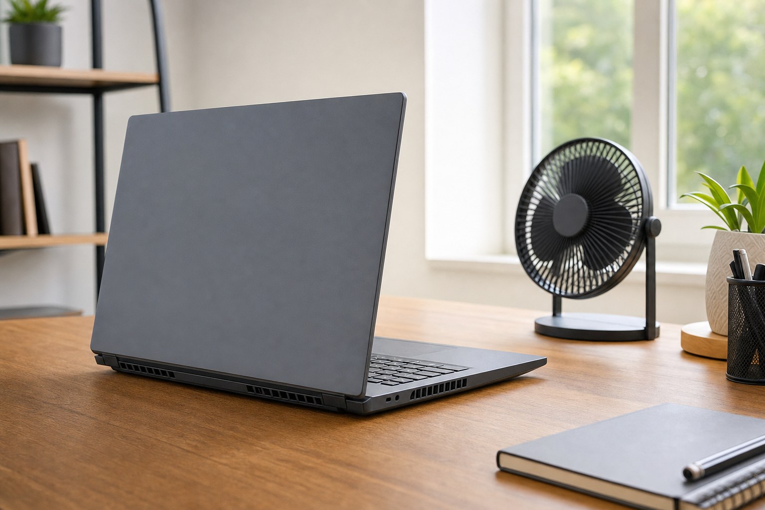 Laptop on a hard desk with clear airflow around its vents