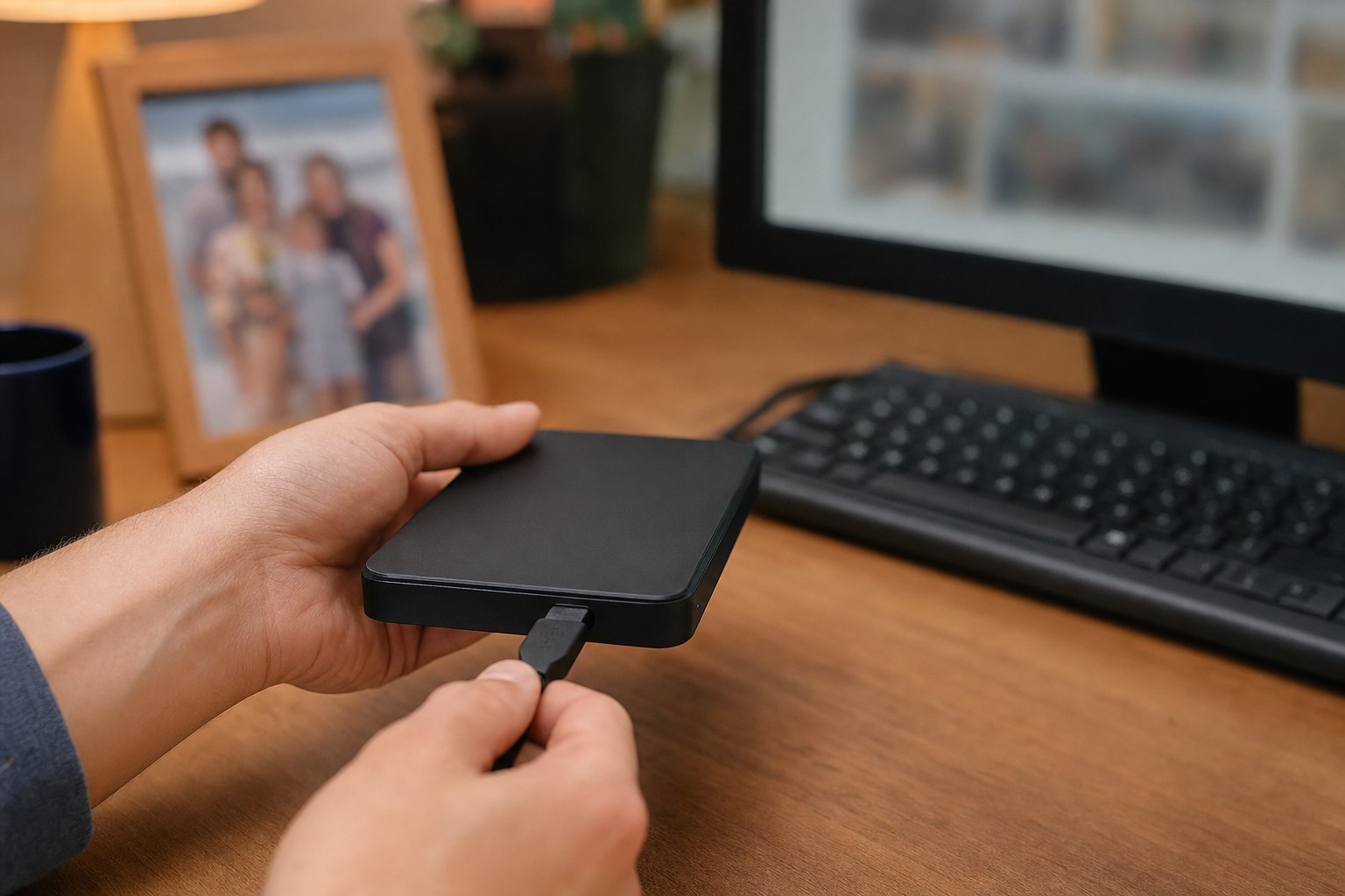 Computer owner connecting an external backup drive before troubleshooting