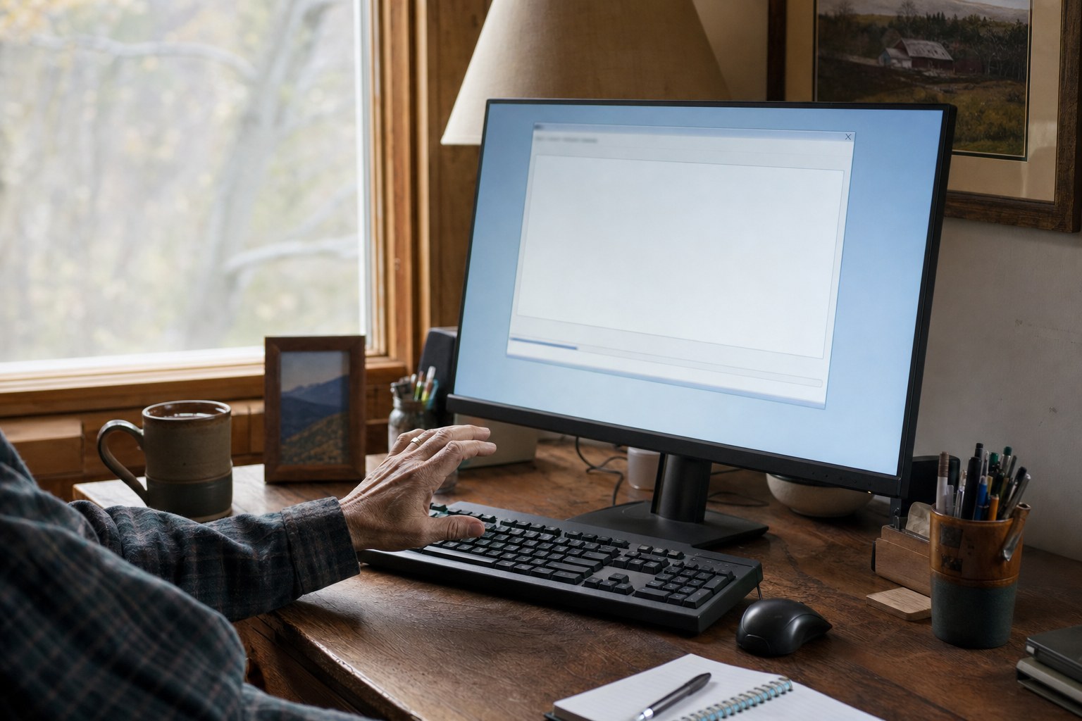 Desktop computer paused on an unresponsive screen in a warm home office