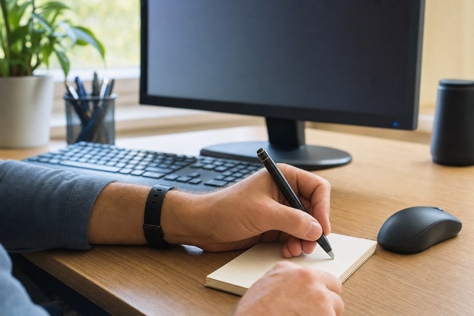 Person writing notes beside a desktop computer after a freeze