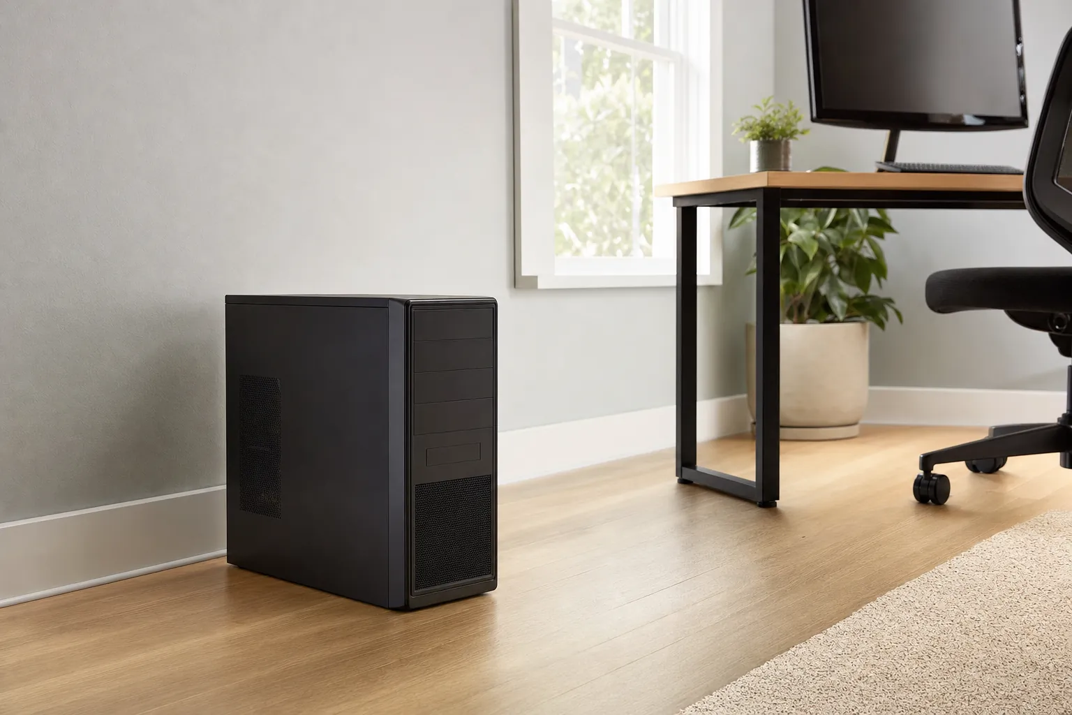 Desktop tower with open space around its vents in a home office