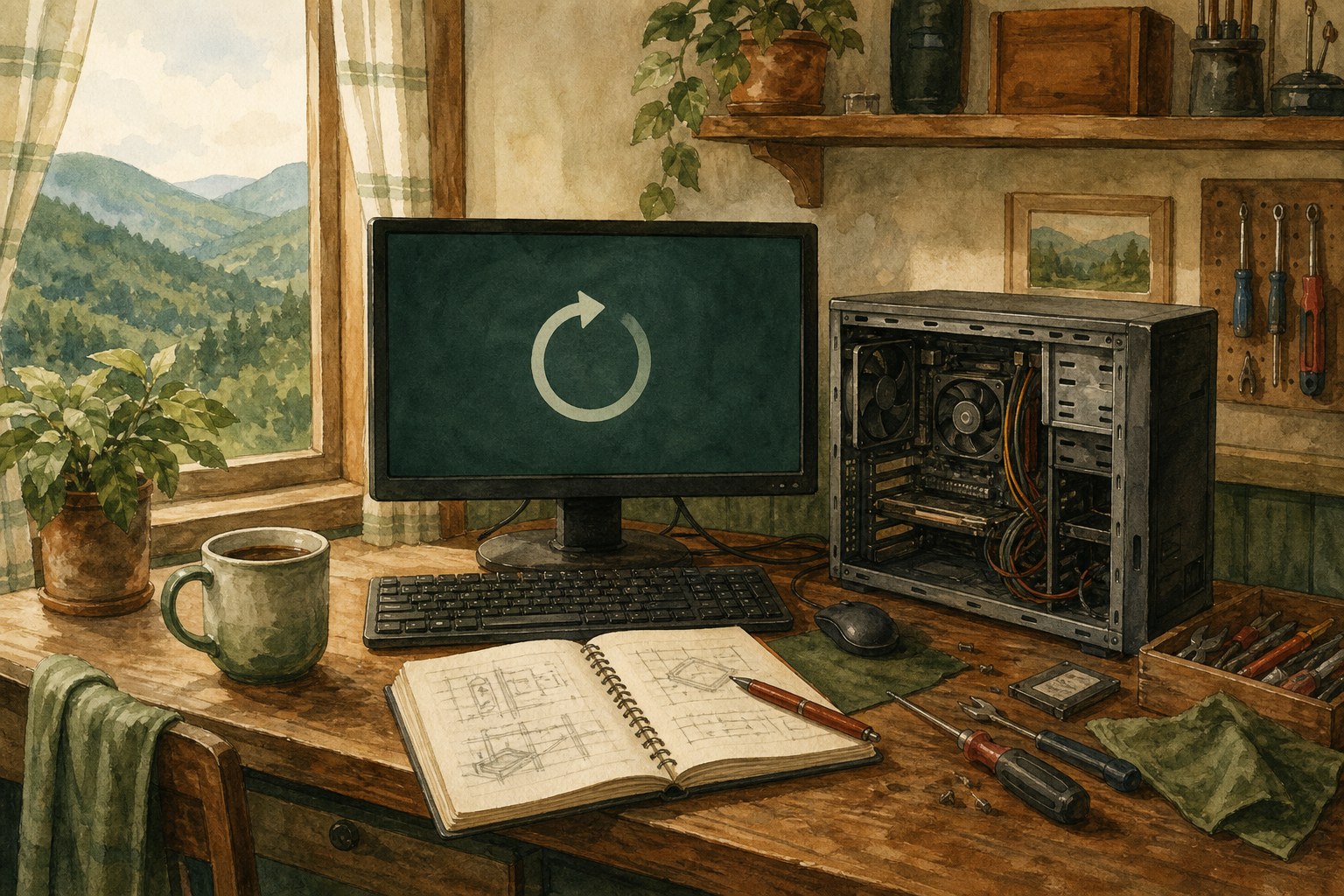 Desktop computer paused on a blue restart screen in a Mountain City home office