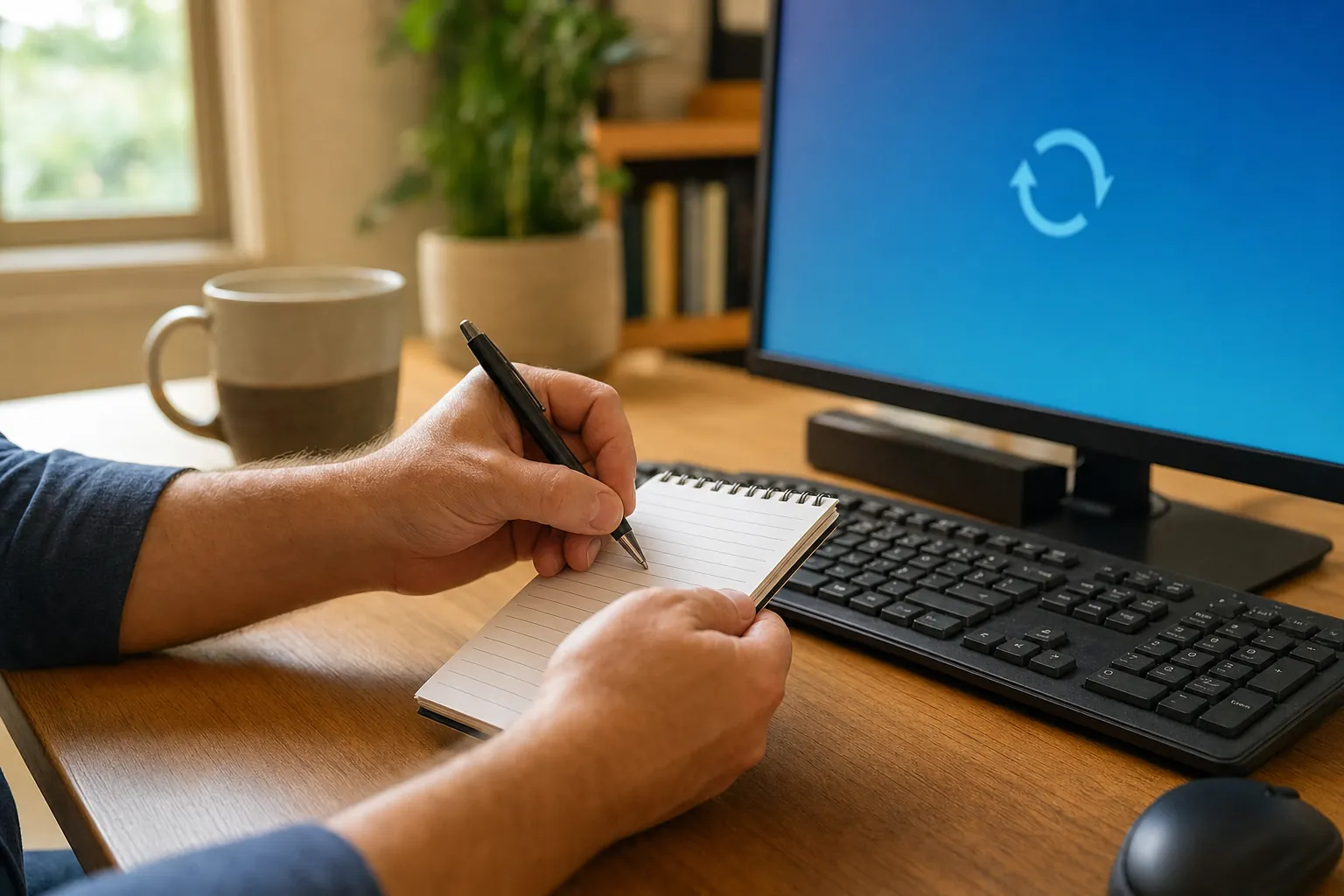 Person writing notes beside a desktop computer during a restart problem