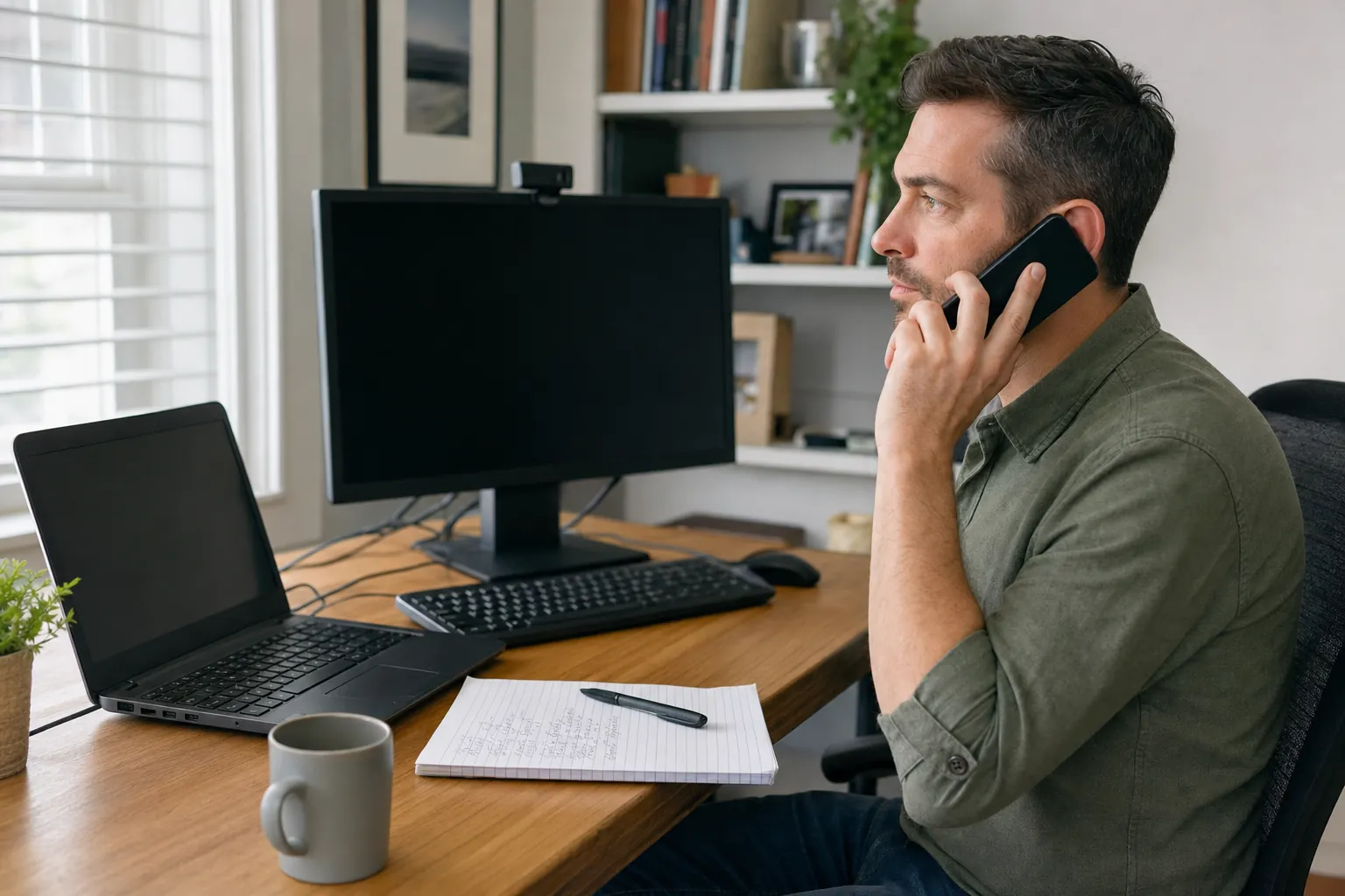 Person calmly calling for computer help beside a home office desk