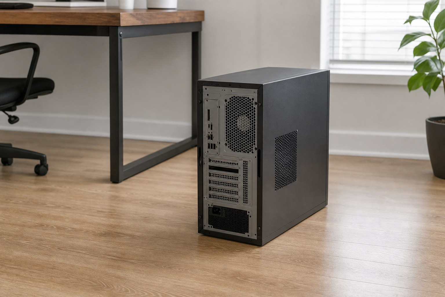 Desktop computer with clear open space around its rear and side vents