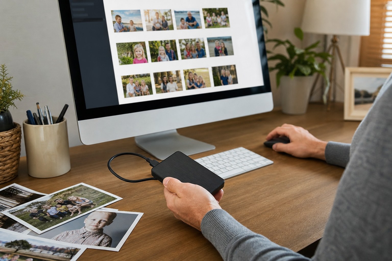 Person saving family photos to an external drive at a home computer