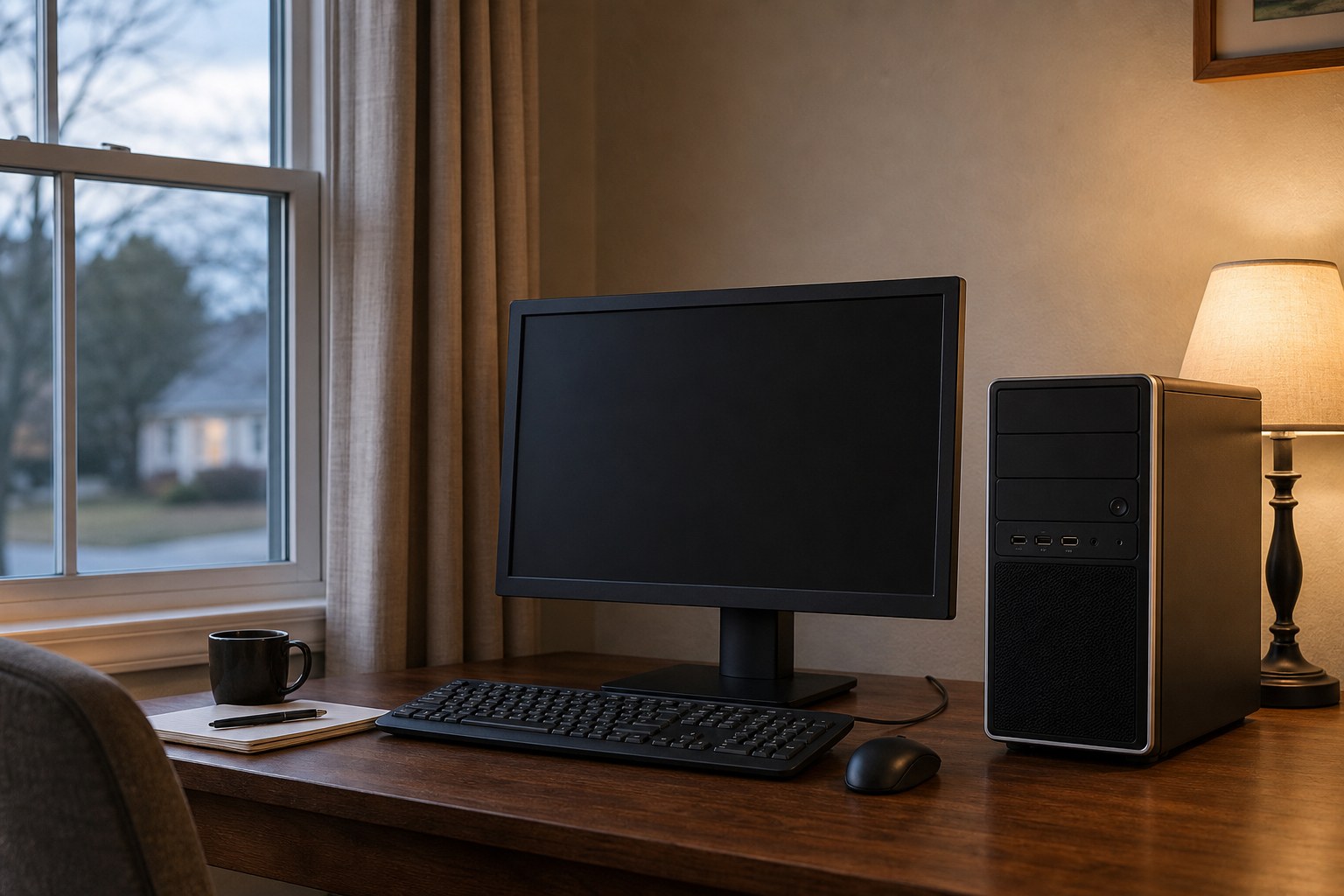 Desktop computer and monitor switched off in a warm home office